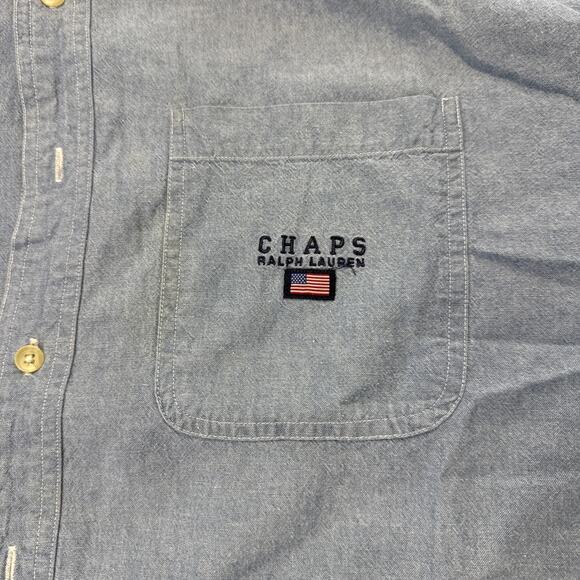Vintage Chaps Ralph Lauren Chambray Shirt Size Large Blue Denim Light 90s Cotton - Picture 2 of 7